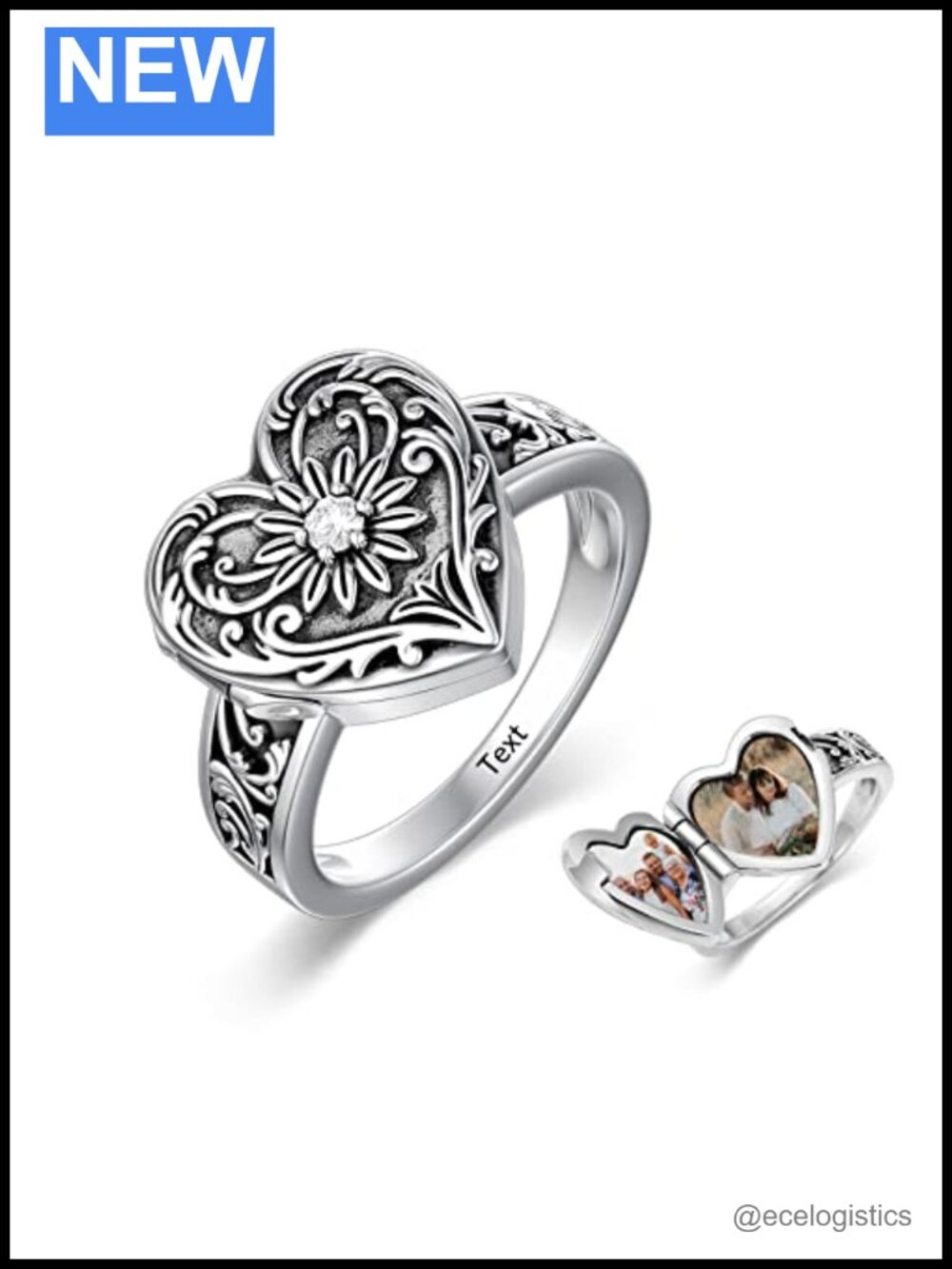 Sterling Silver Heart Sunflower Locket Ring Holds Pictures Memorial